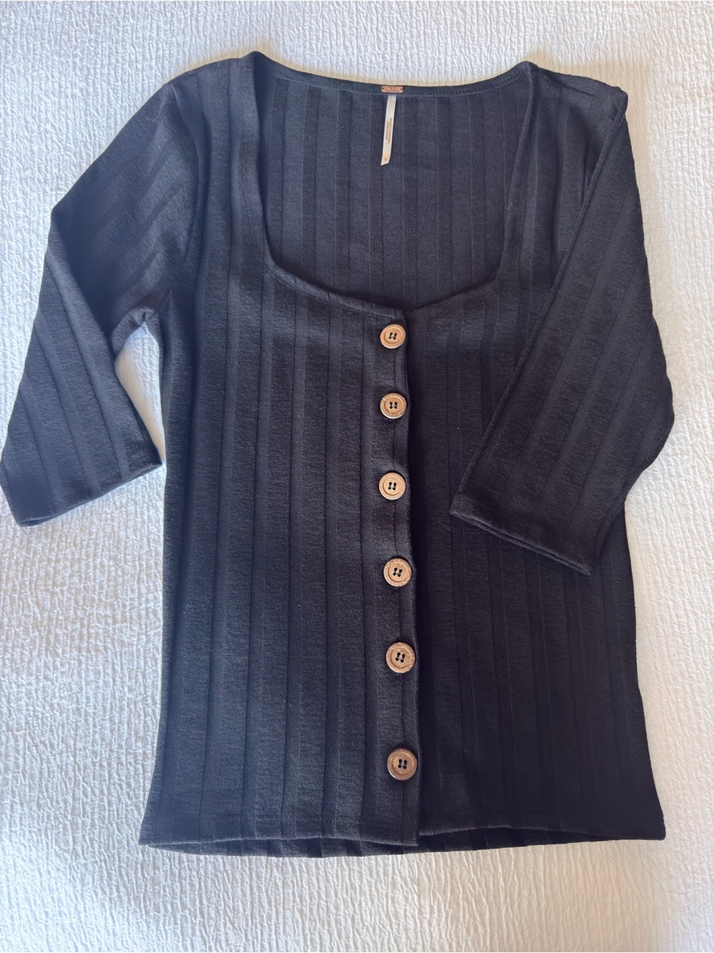 NWOT Free People Black Ribbed Button-Front Top with Wood Buttons